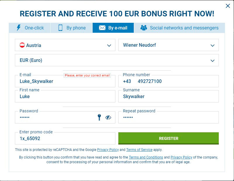 1xBet registration by e-mail